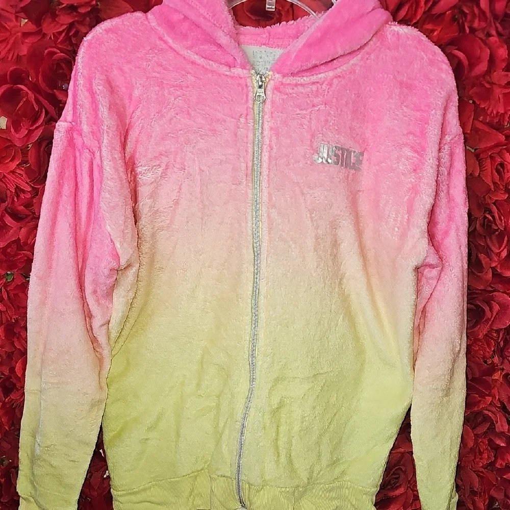 Justice Girls Pink and Yellow Cozy Hoodie Fleece Sweatshirt Size 12/14